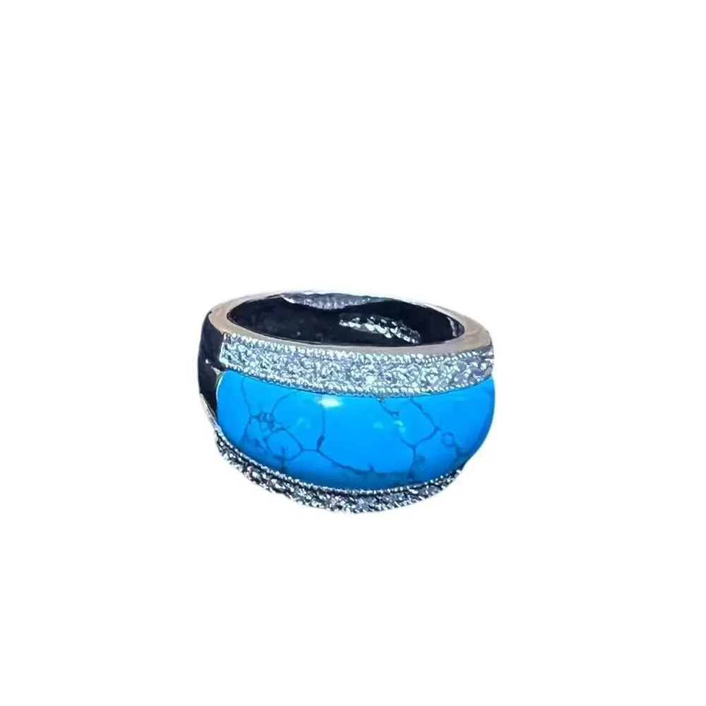Lia Sophia Mesa/Premise Rhinestone Faux Turquoise Silver‎ Tone Dome Ring Sz 9